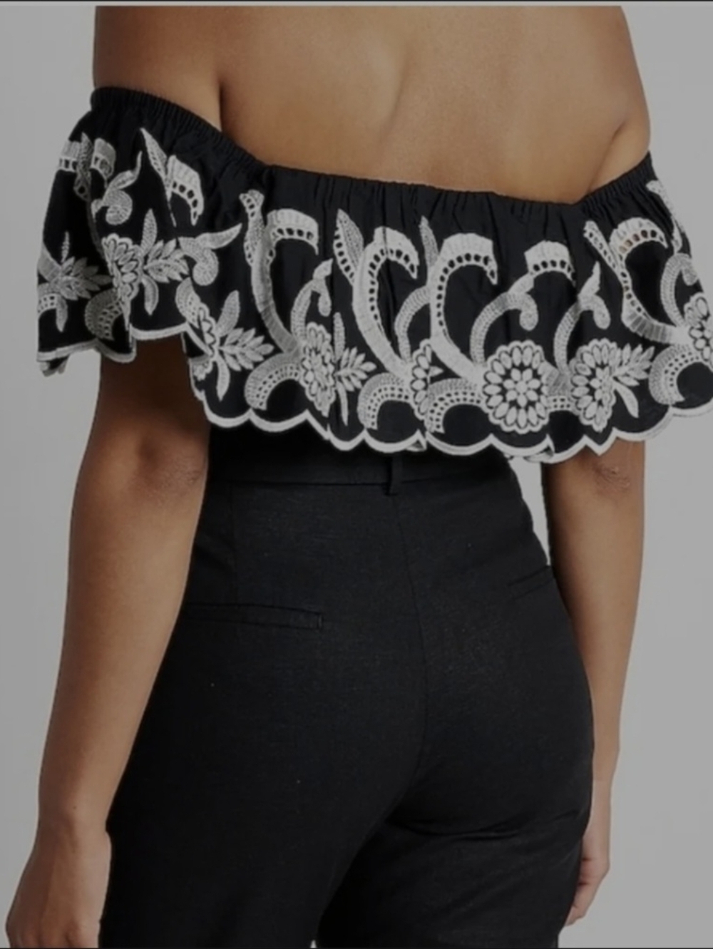 Express Black Off-Shoulder Embroidered Ruffle Crop Top - Picture 2 of 7